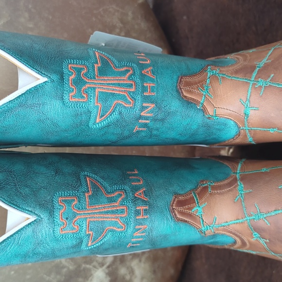 TIN HAUL "Barb'd Wire" turquoise & brown leather square toe cowgirl boot… - Picture 11 of 16